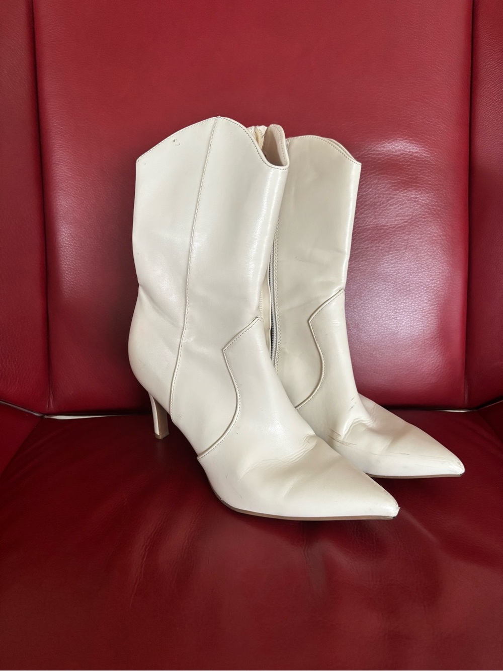 Nine West Cream Pointed Toe Mid-Heel Western Boots